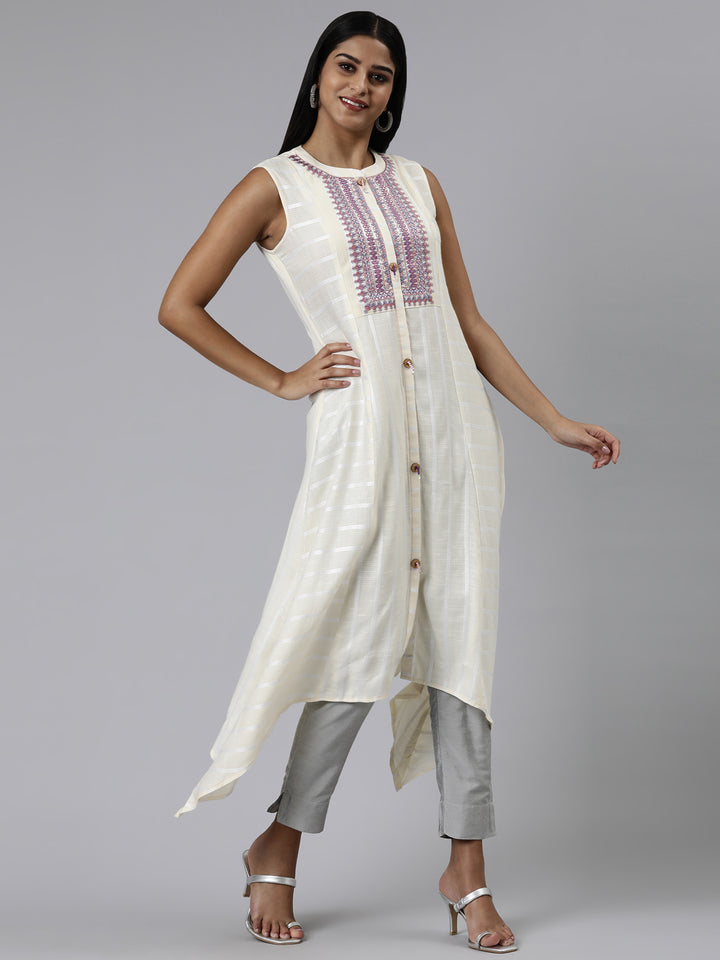 Neerus Cream Curved Embroidered Viscose Rayon Kurtas