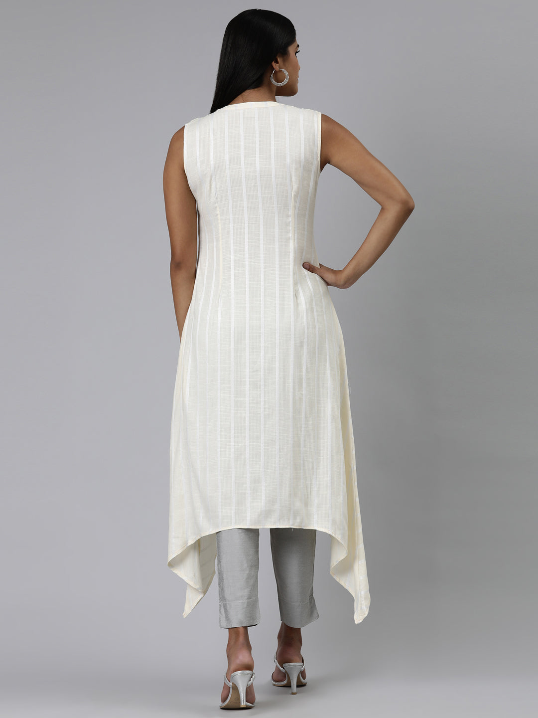 Neerus Cream Curved Embroidered Viscose Rayon Kurtas