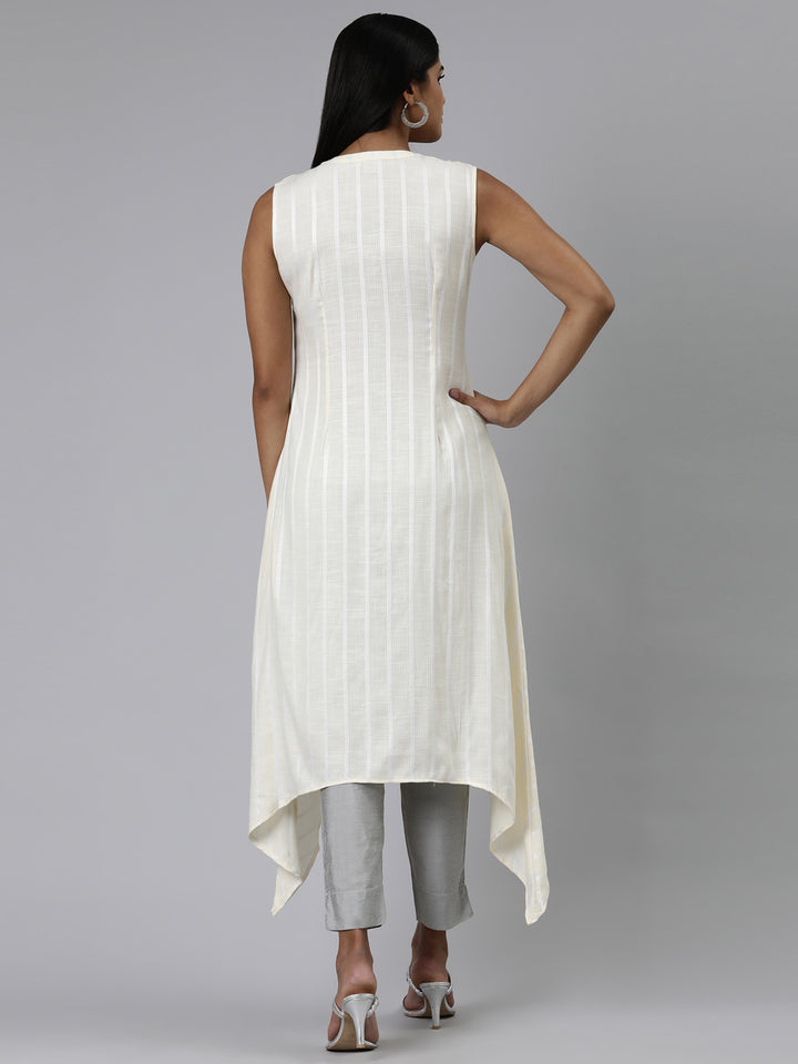 Neerus Cream Curved Embroidered Viscose Rayon Kurtas