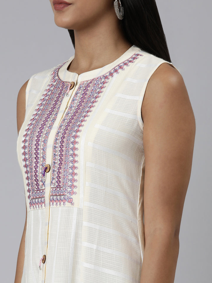 Neerus Cream Curved Embroidered Viscose Rayon Kurtas
