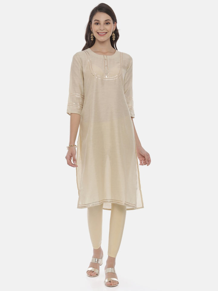 Neerus Beige Embellished Straight Kurta