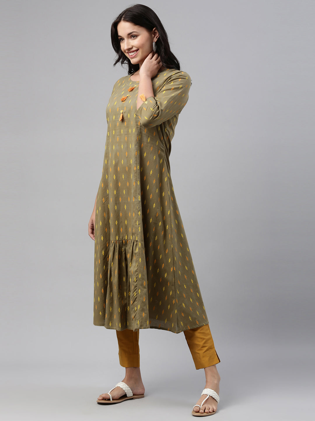 Neeru'S Olive Color, Cotton Print Fabric Tunic