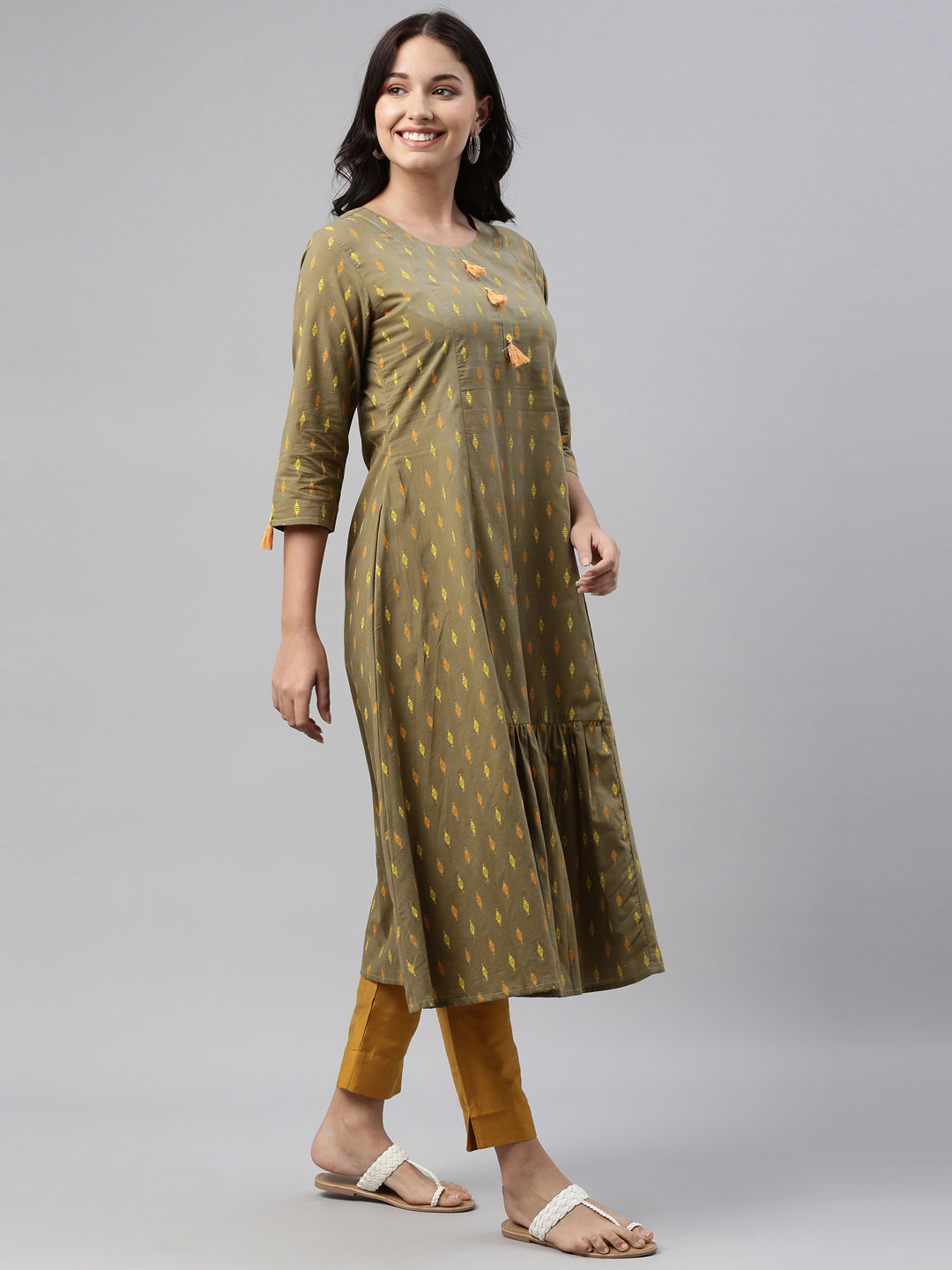 Neeru'S Olive Color, Cotton Print Fabric Tunic