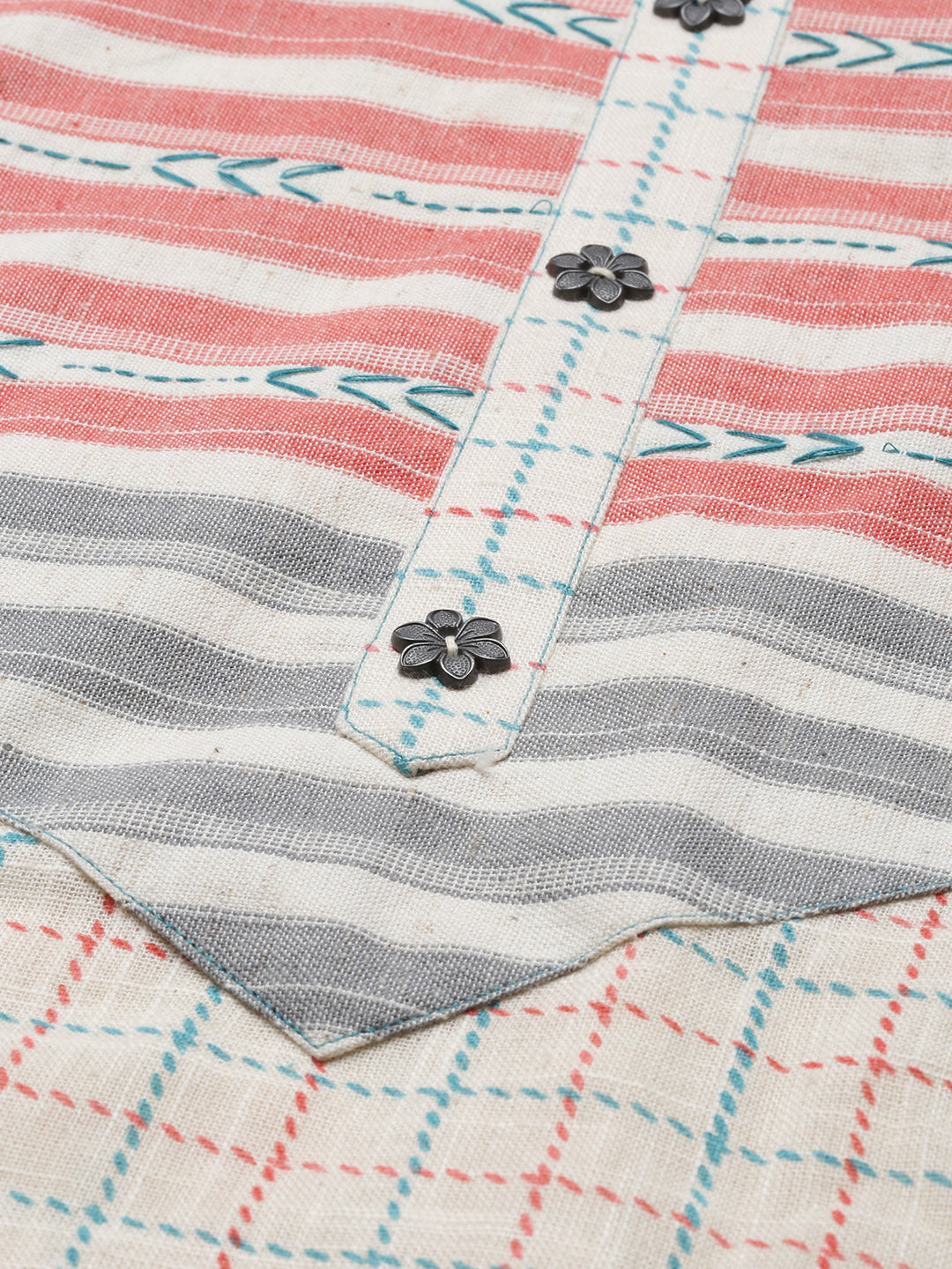 Neerus Cream Check A Line Kurta