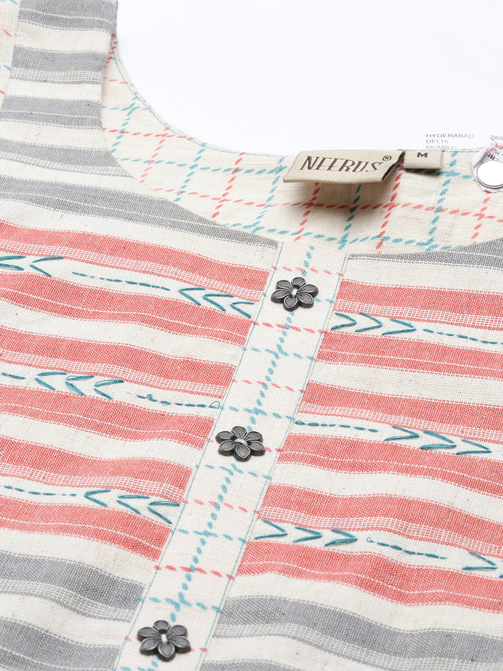 Neerus Cream Check A Line Kurta