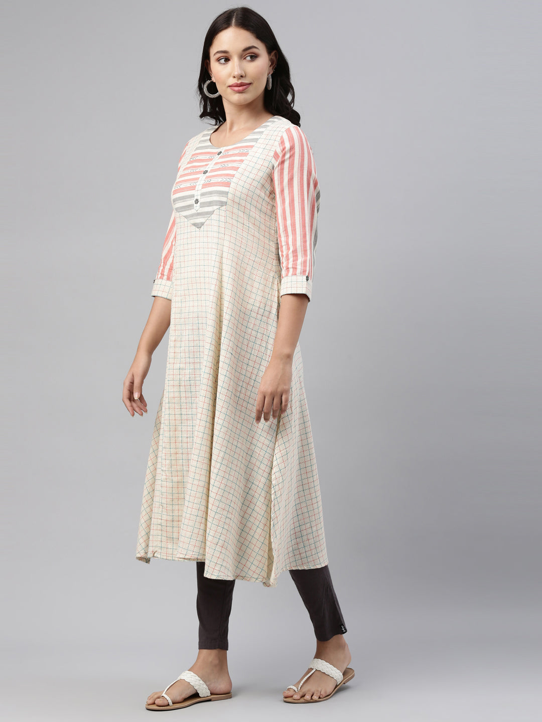 Neerus Cream Check A Line Kurta