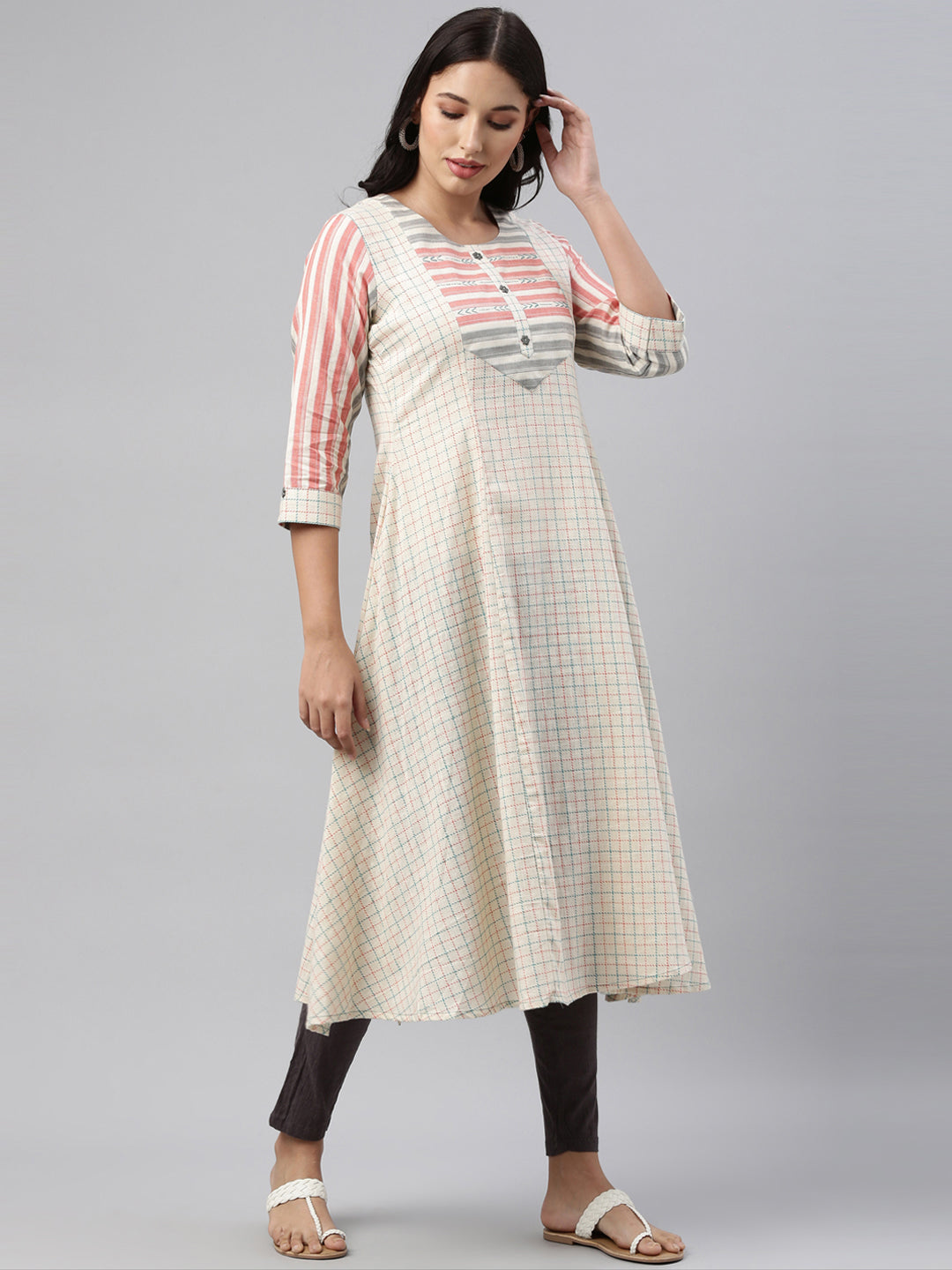 Neerus Cream Check A Line Kurta