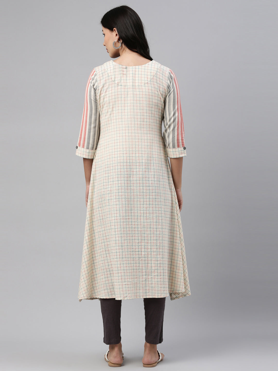 Neerus Cream Check A Line Kurta