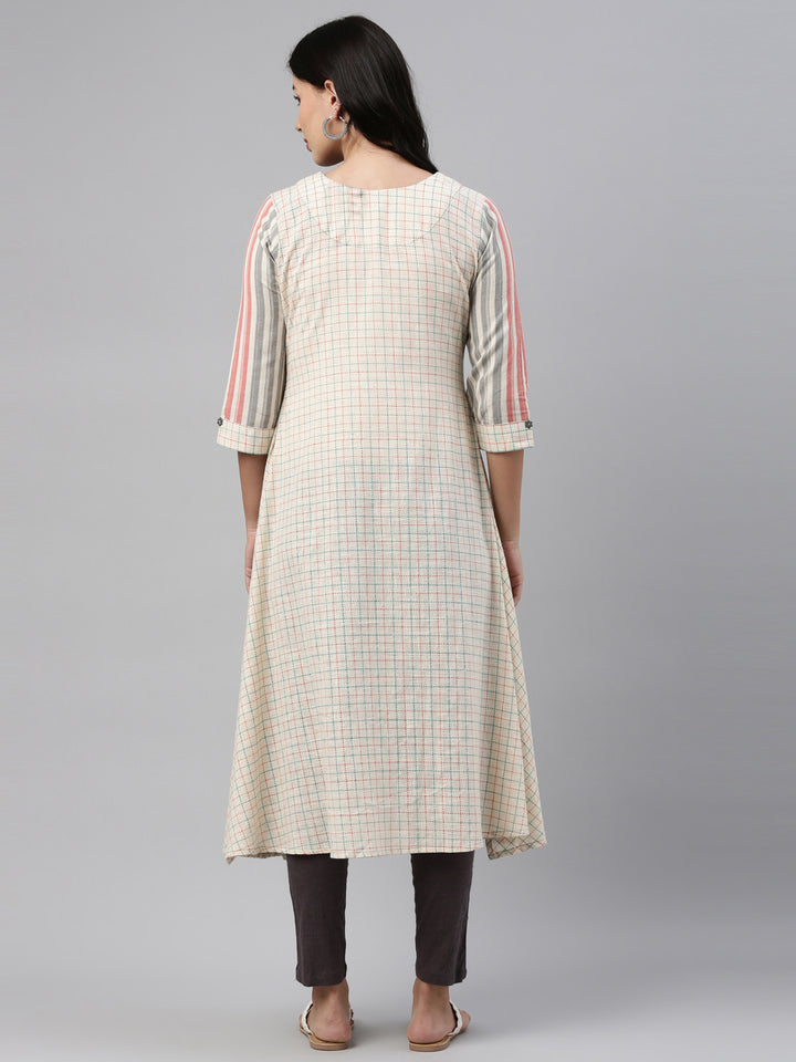 Neerus Cream Check A Line Kurta