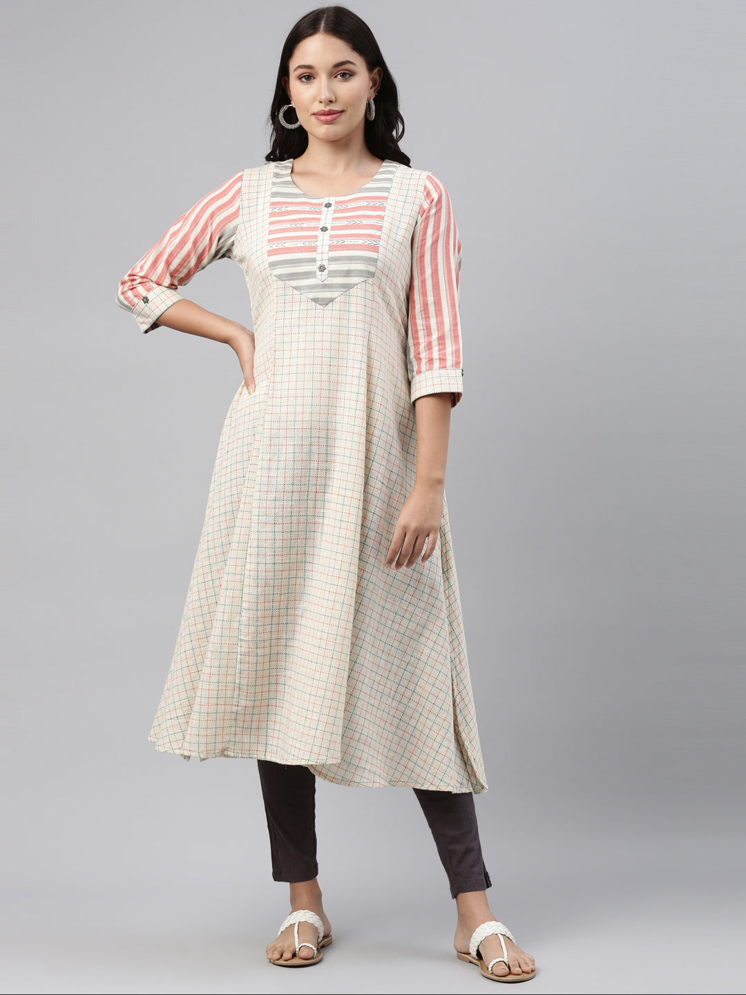 Neerus Cream Check A Line Kurta
