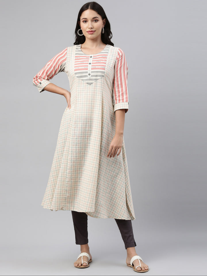 Neerus Cream Check A Line Kurta