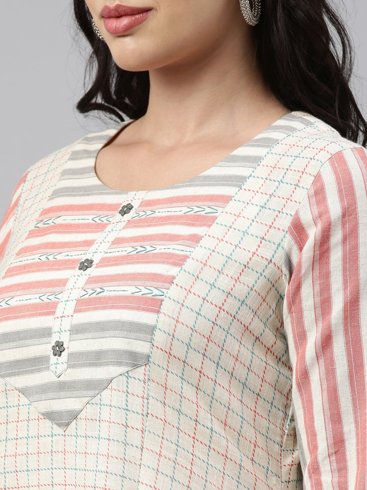 Neerus Cream Check A Line Kurta
