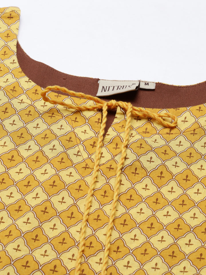 Neerus Yellow Printed Straight Kurta With Mask