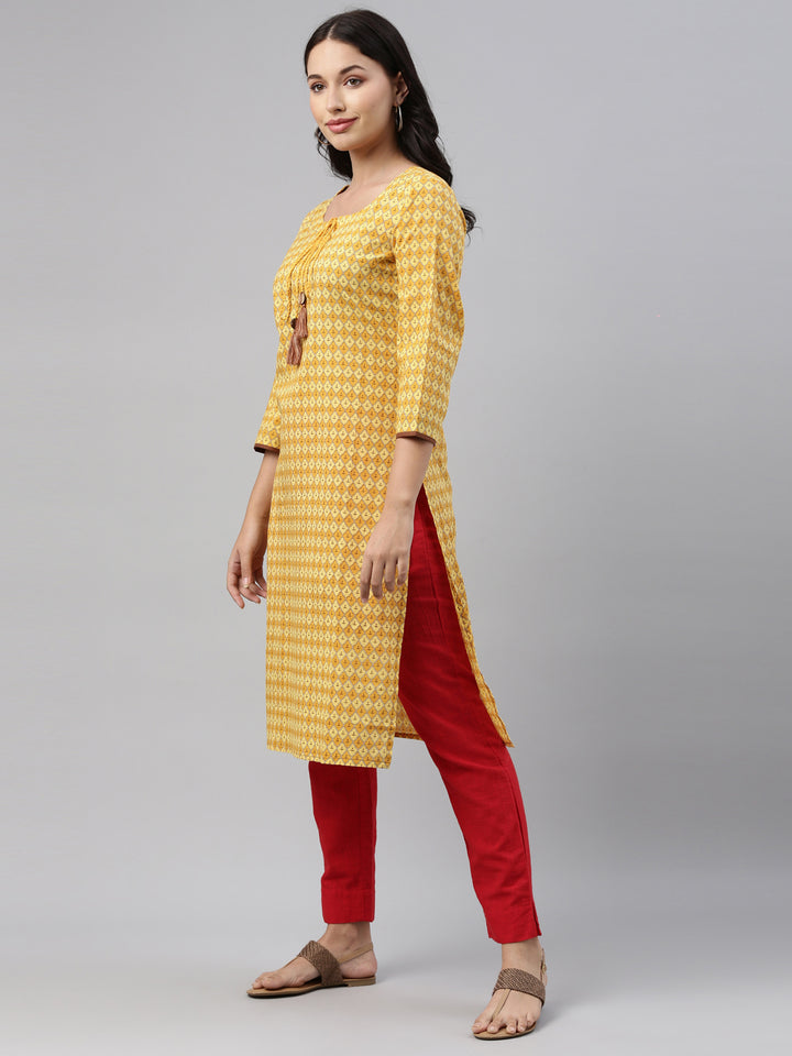 Neerus Yellow Printed Straight Kurta With Mask