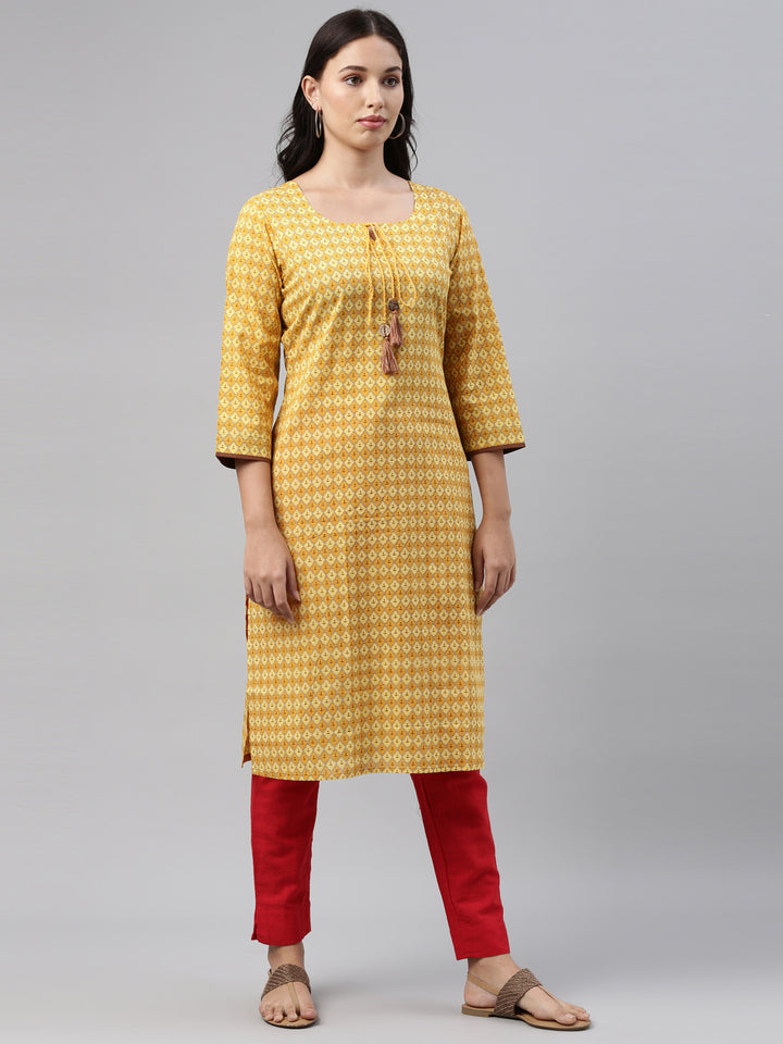 Neerus Yellow Printed Straight Kurta With Mask