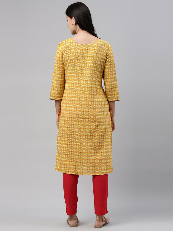 Neerus Yellow Printed Straight Kurta With Mask