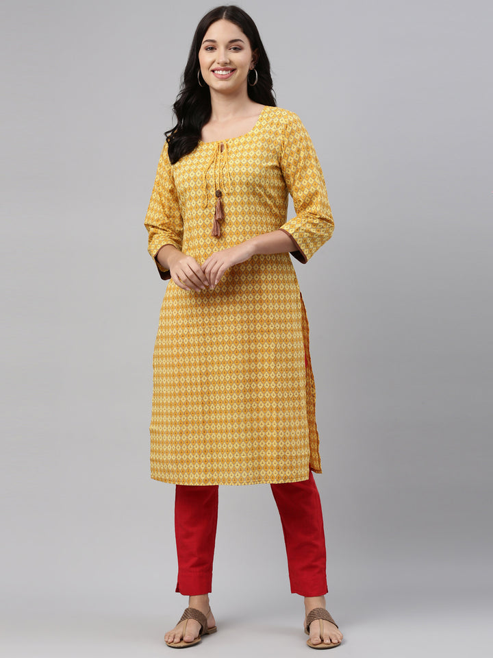 Neerus Yellow Printed Straight Kurta With Mask