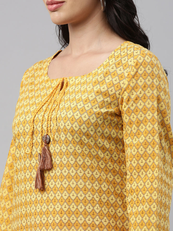 Neerus Yellow Printed Straight Kurta With Mask
