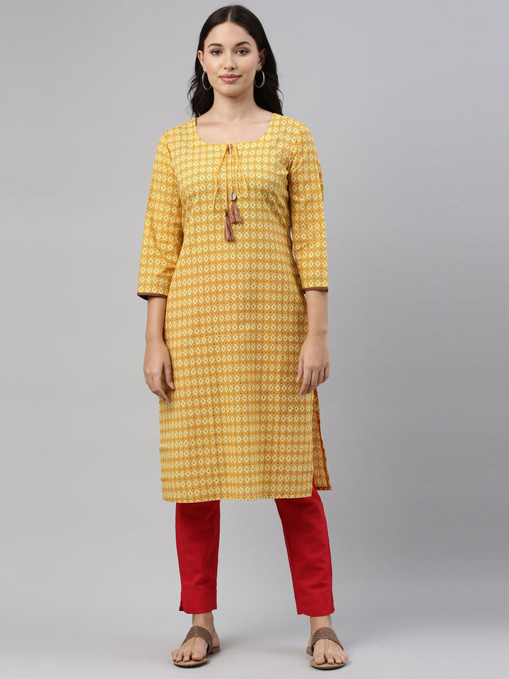 Neerus Yellow Printed Straight Kurta With Mask