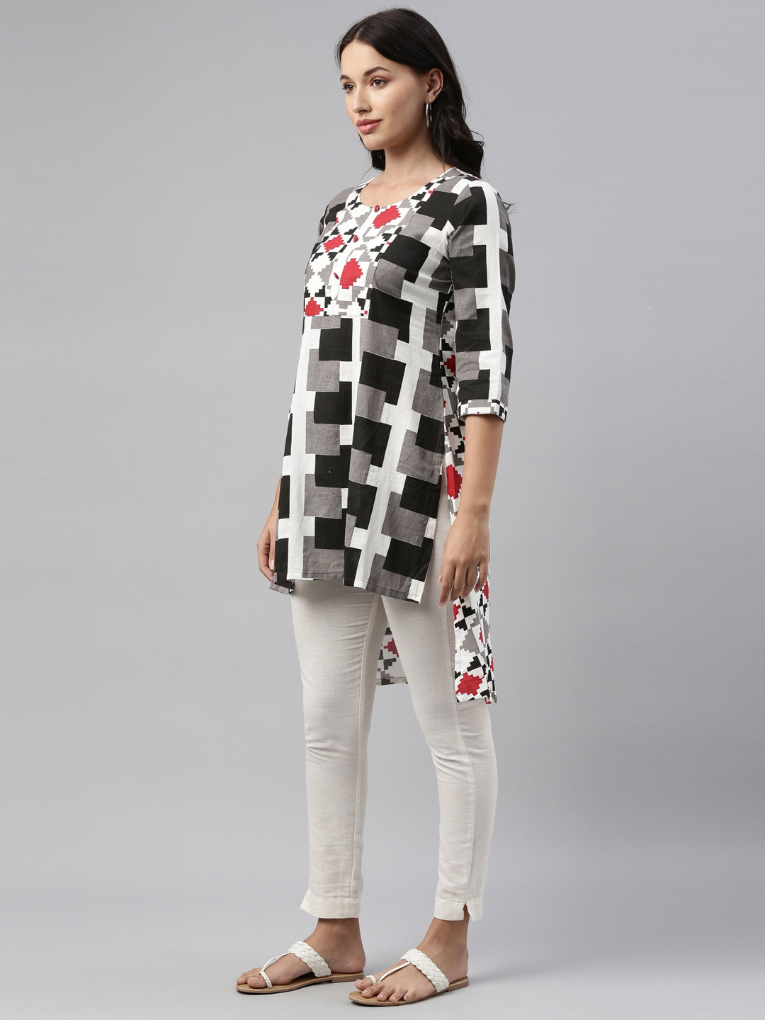 Neerus Black Color Slub Cotton Fabric Tunic