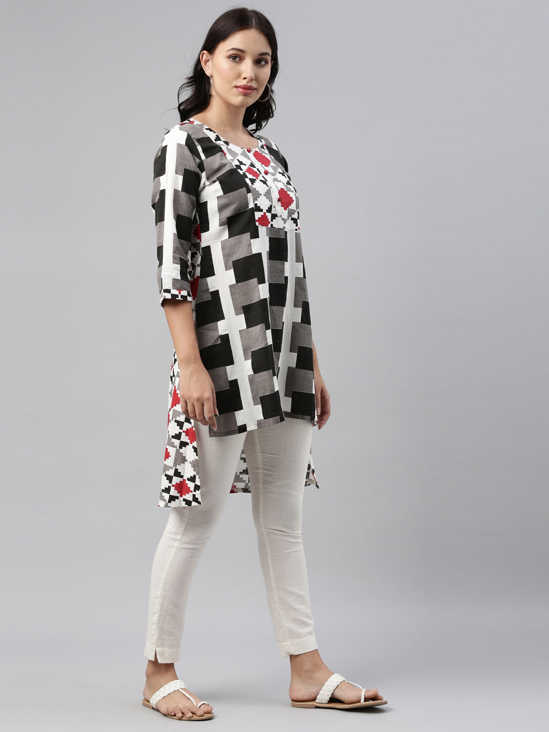 Neerus Black Color Slub Cotton Fabric Tunic