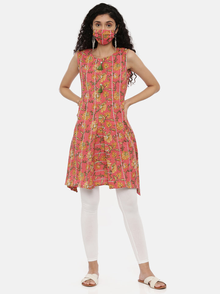 Neerus Pink Printed A Line Kurta With Mask