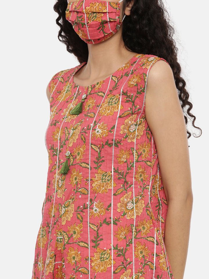 Neerus Pink Printed A Line Kurta With Mask