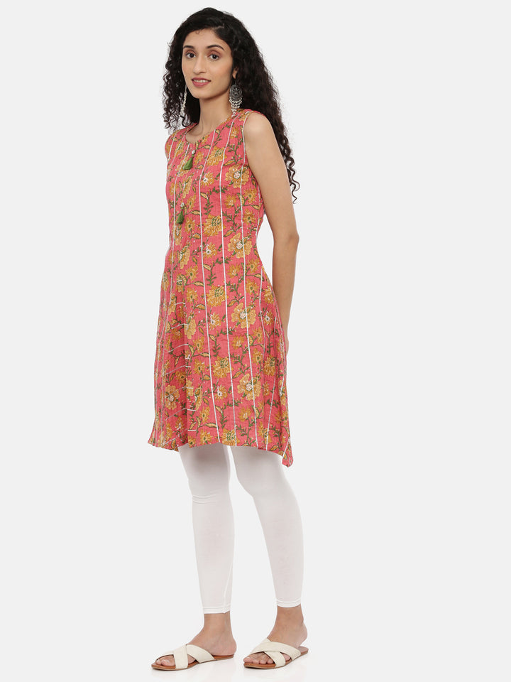 Neerus Pink Printed A Line Kurta With Mask