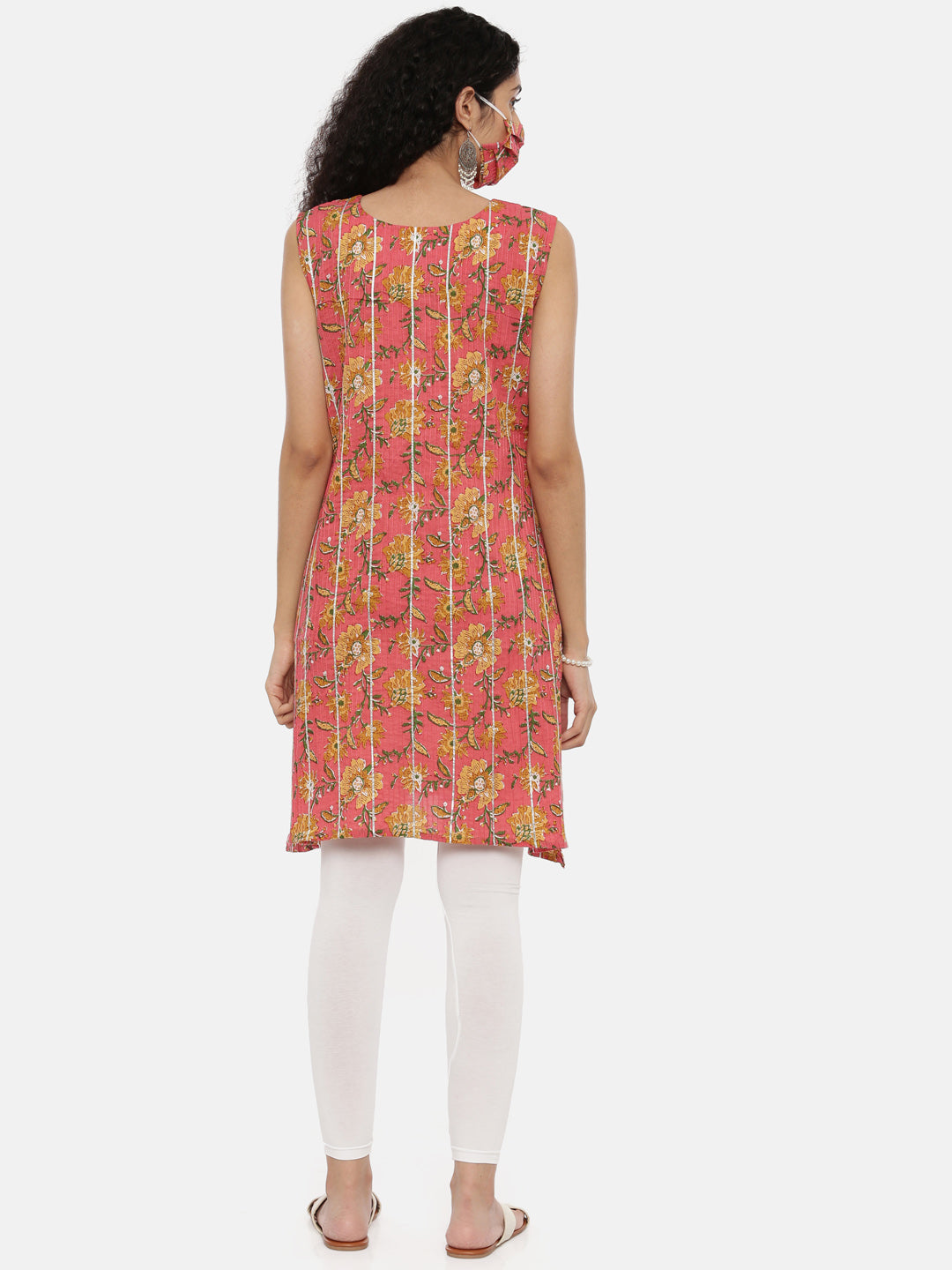 Neerus Pink Printed A Line Kurta With Mask