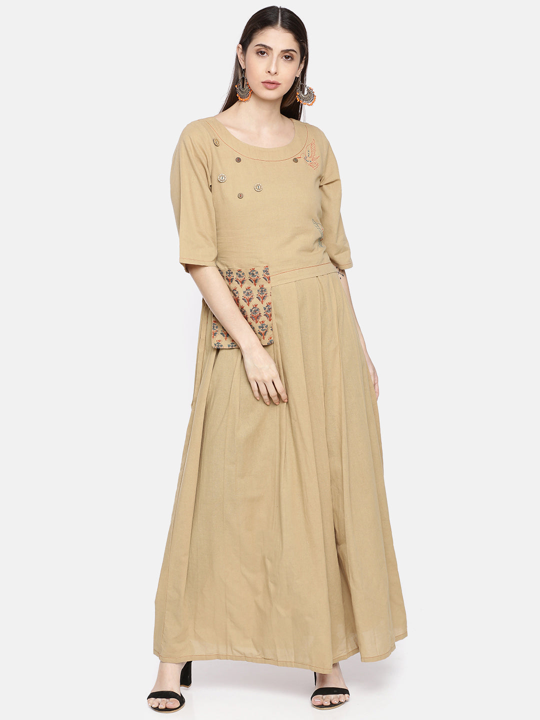 Neerus Brown cotton A-Line kurta - front view