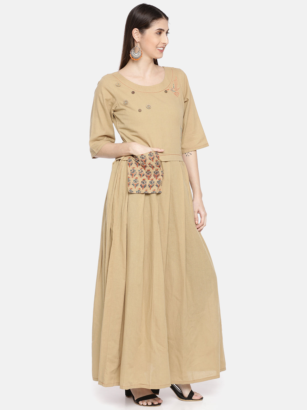 Neerus Brown cotton A-Line kurta - detail view 1