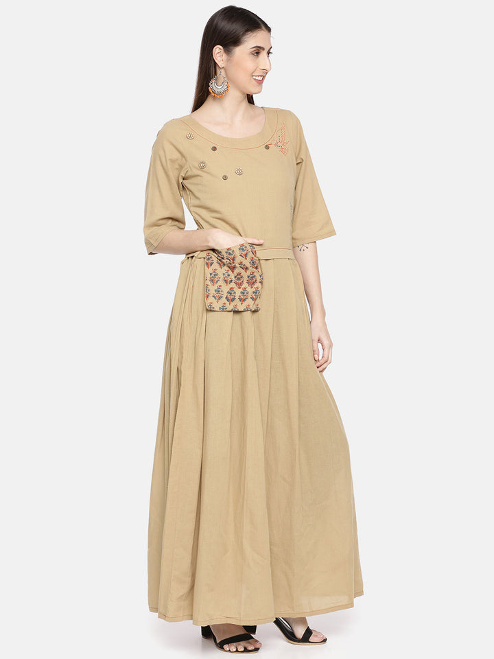 Neerus Brown cotton A-Line kurta - detail view 1