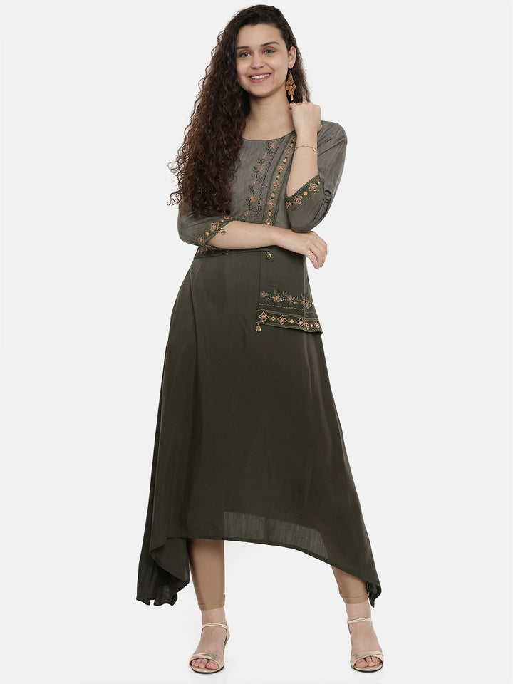 Neerus Grey rayon embroidered A-line kurta - front view