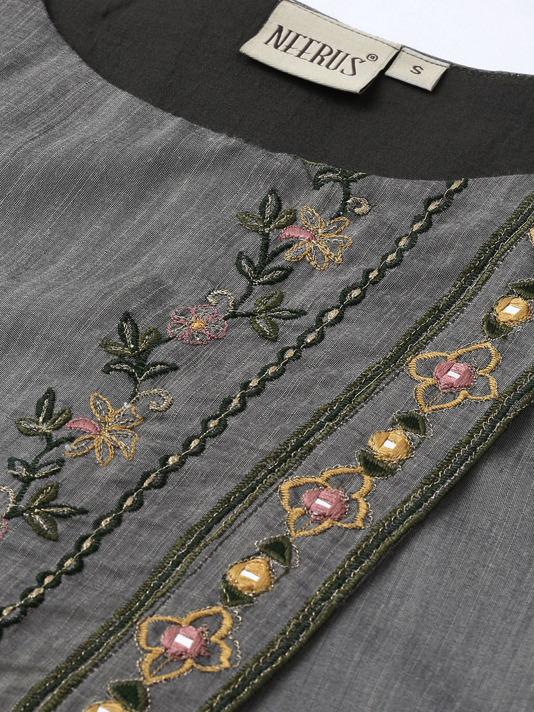 Neerus Grey rayon embroidered A-line kurta - back view
