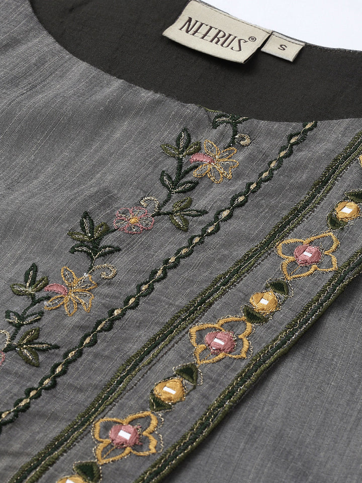 Neerus Grey rayon embroidered A-line kurta - back view