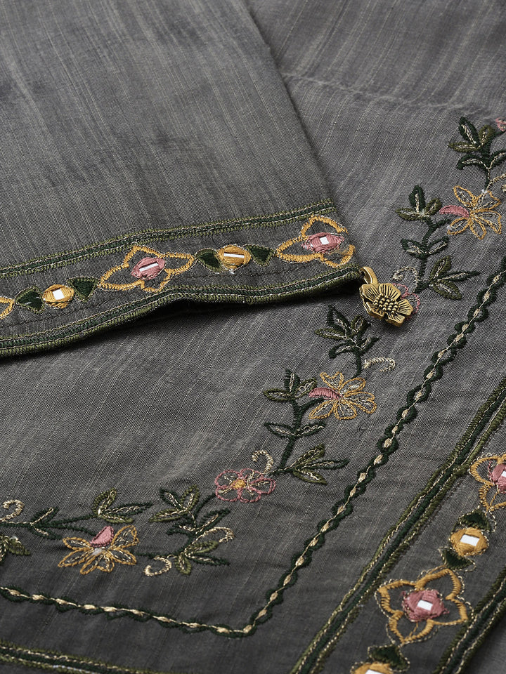 Neerus Grey rayon embroidered A-line kurta - side view