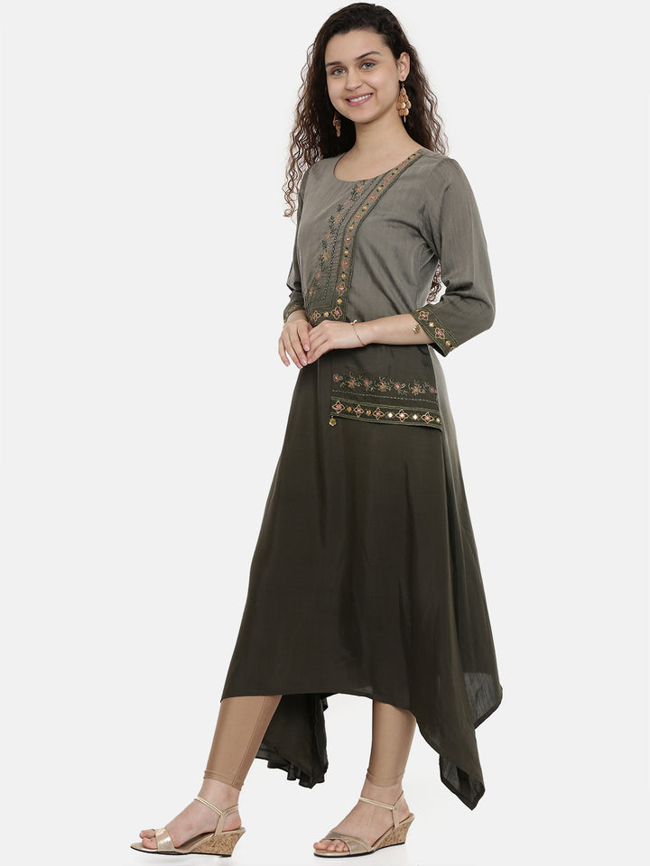 Neerus Grey rayon embroidered A-line kurta - detail view 1
