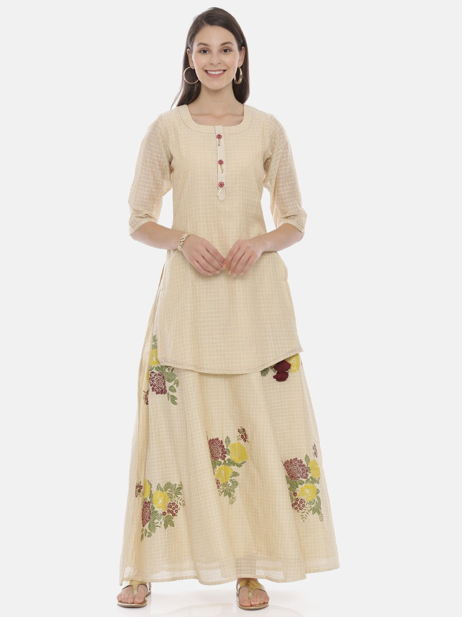 Neerus Cream Check Straight Kurta