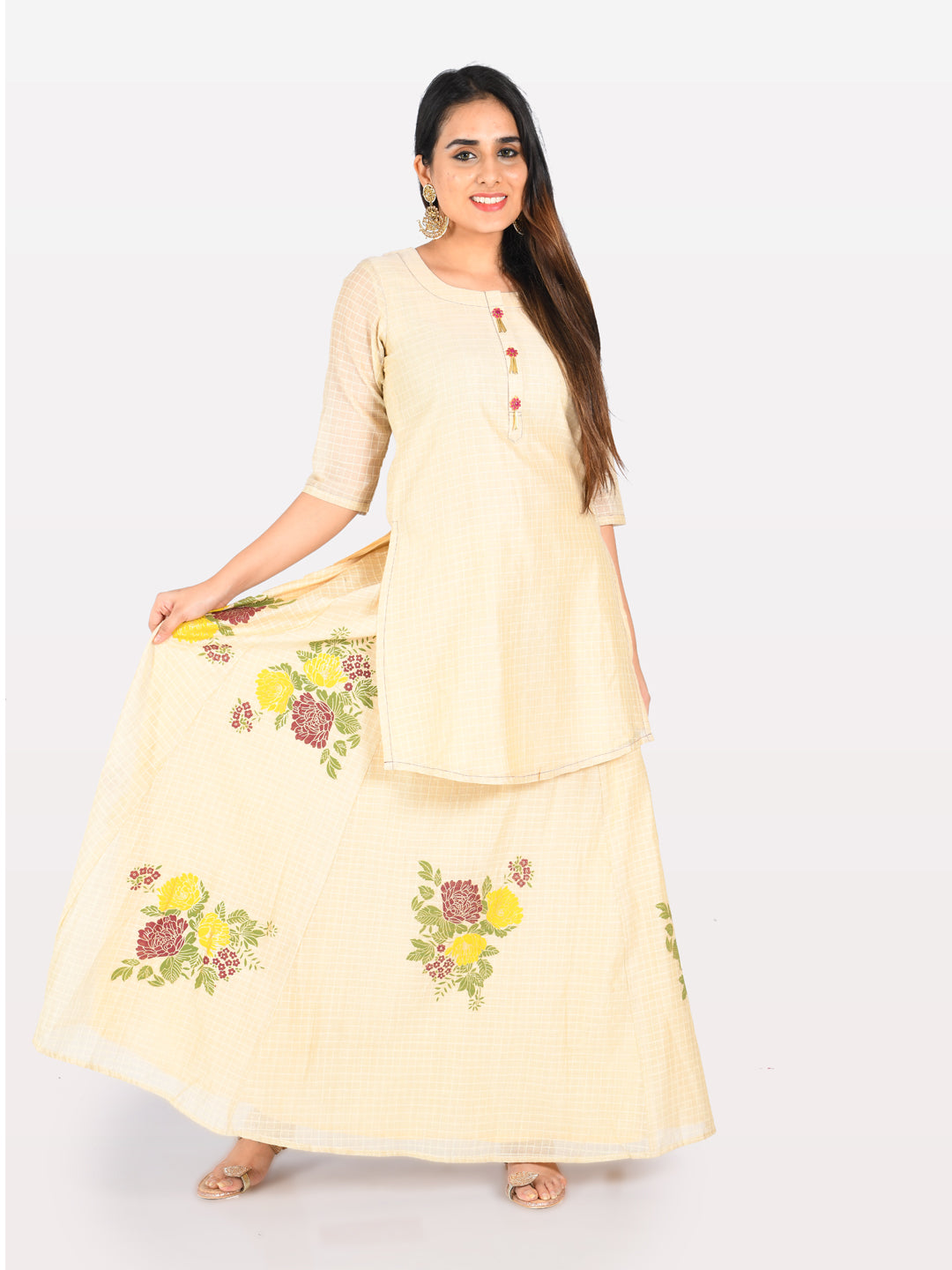 Neerus Cream Check Straight Kurta