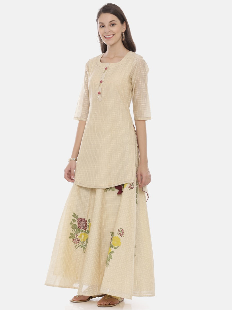 Neerus Cream Check Straight Kurta