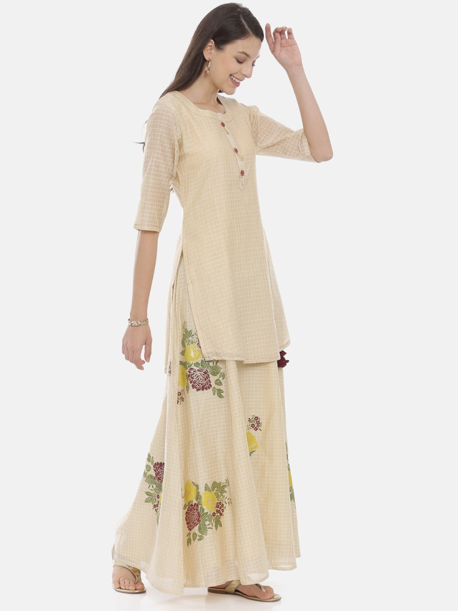 Neerus Cream Check Straight Kurta