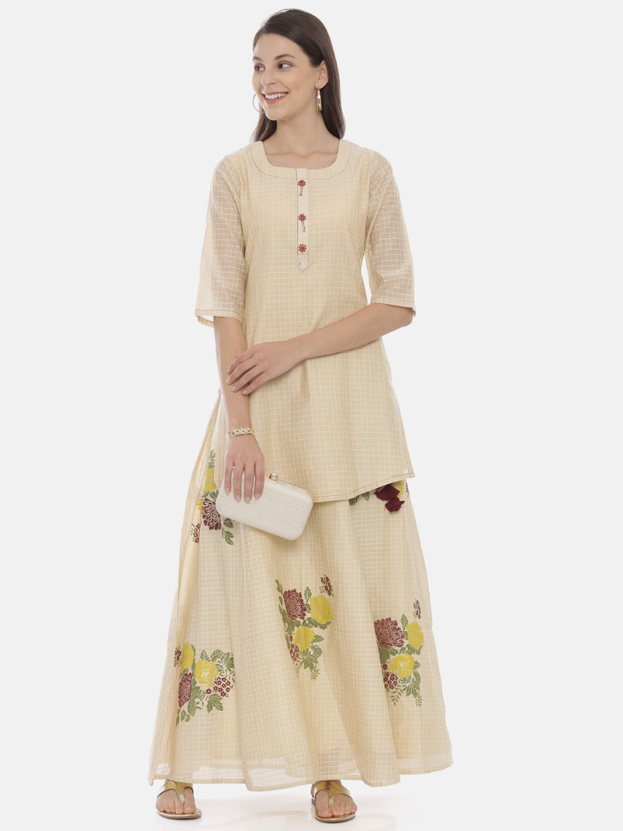 Neerus Cream Check Straight Kurta