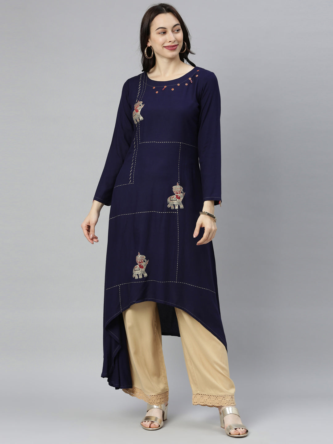 Neerus Blue viscose rayon printed straight kurta - front view