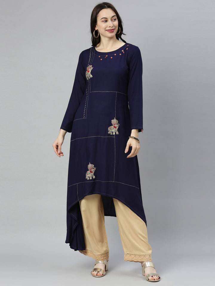 Neerus Blue viscose rayon printed straight kurta - front view