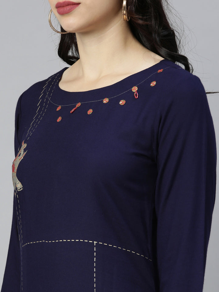 Neerus Blue viscose rayon printed straight kurta - detail view 1