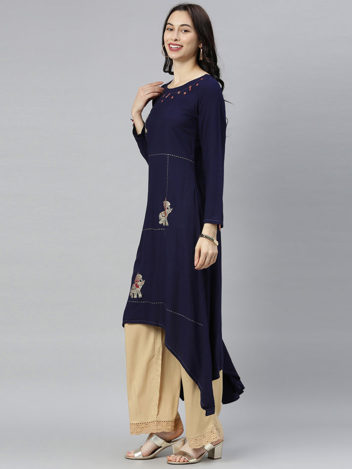 Neerus Blue viscose rayon printed straight kurta - back view