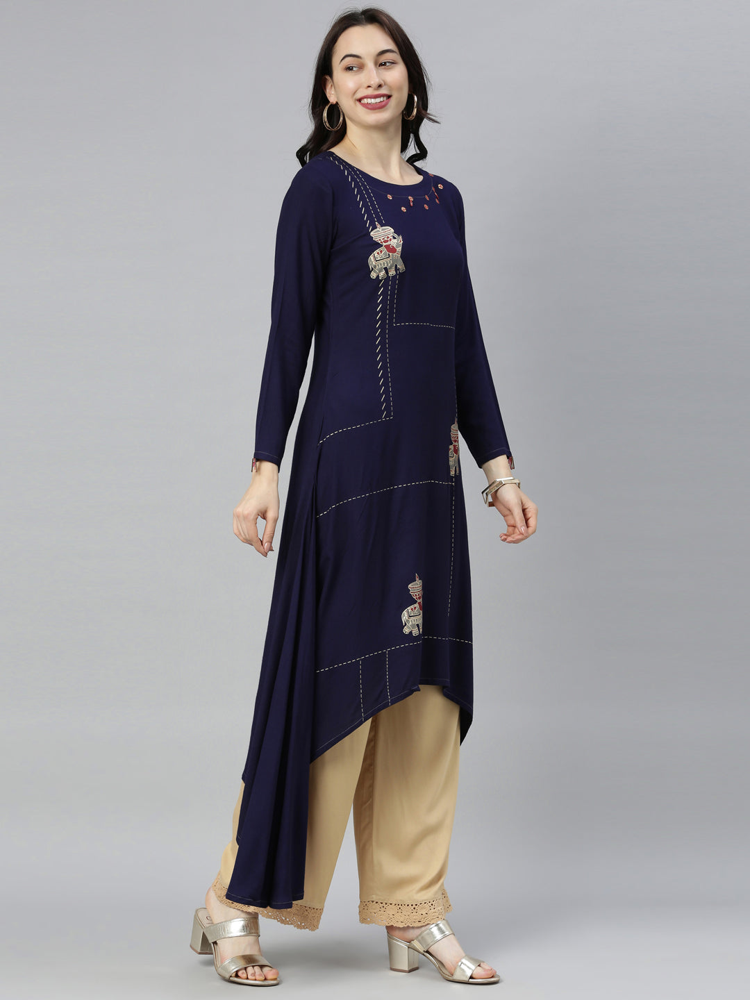 Neerus Blue viscose rayon printed straight kurta - side view