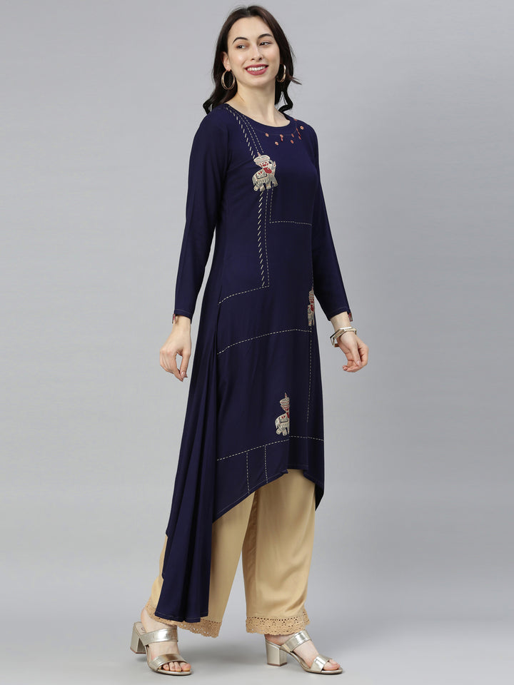 Neerus Blue viscose rayon printed straight kurta - side view