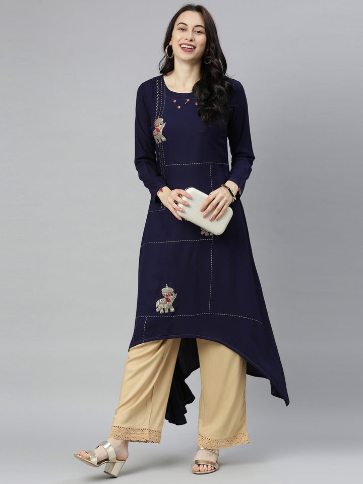 Neerus Blue viscose rayon printed straight kurta - detail view 5