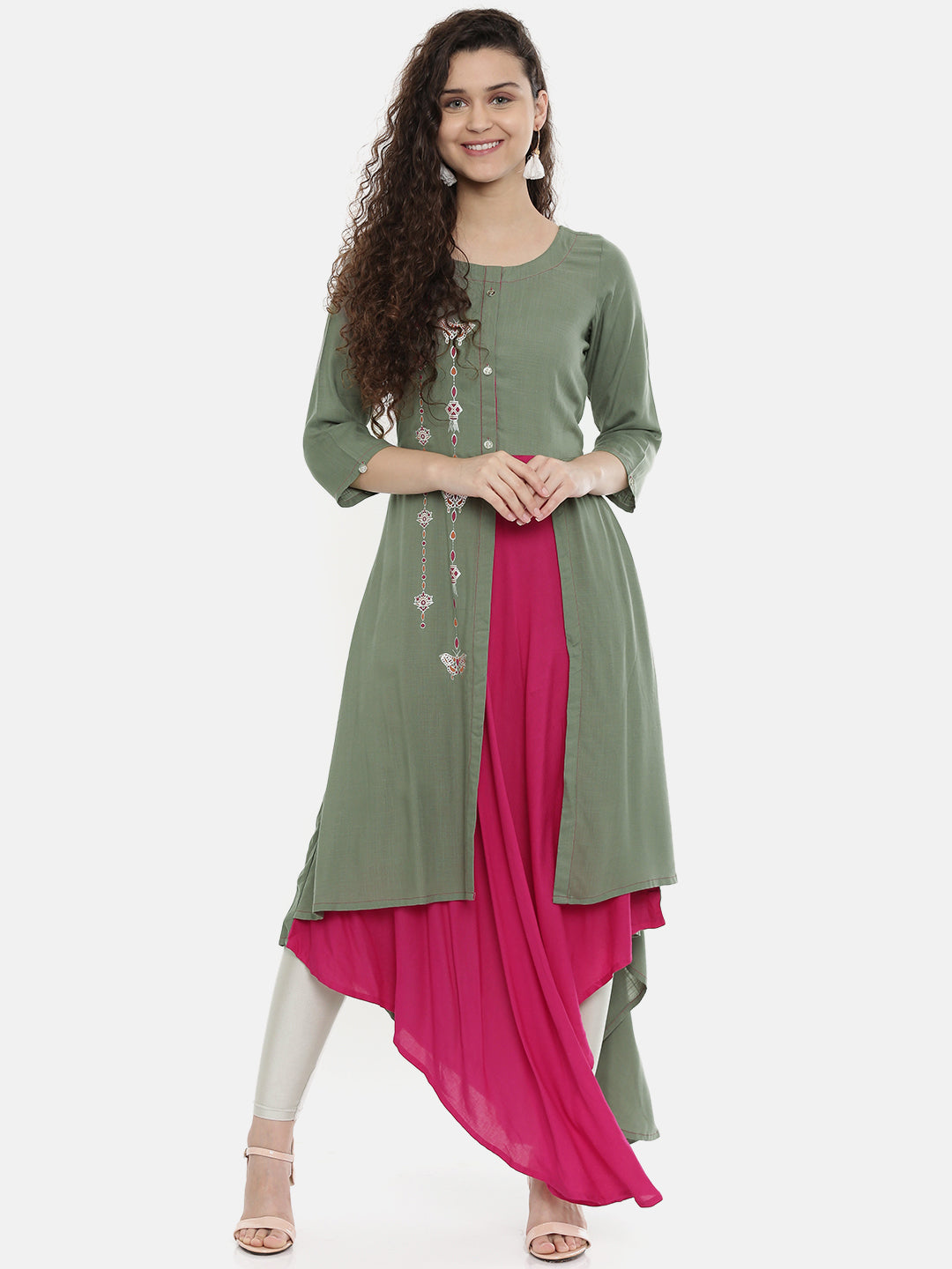 Neerus Women Grey Pink Printed A-Line Asymmetric Layered Kurta